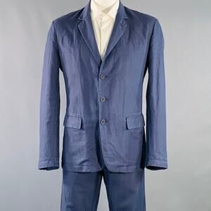 ADAM KIMMEL Size XL Blue Cotton Linen Notch Lapel Suit